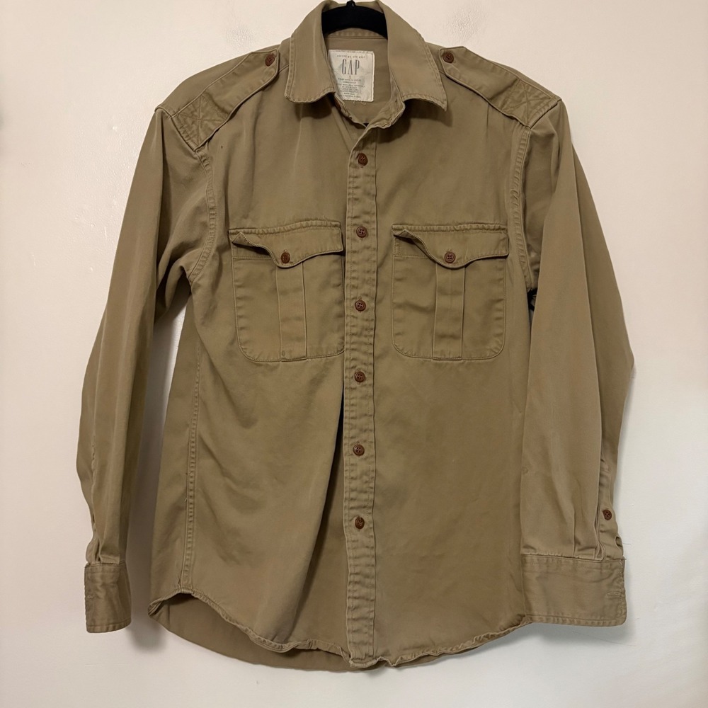 GAP Men's Khaki Utility Button Down Shirt Long Sleeve Military Style Pockets